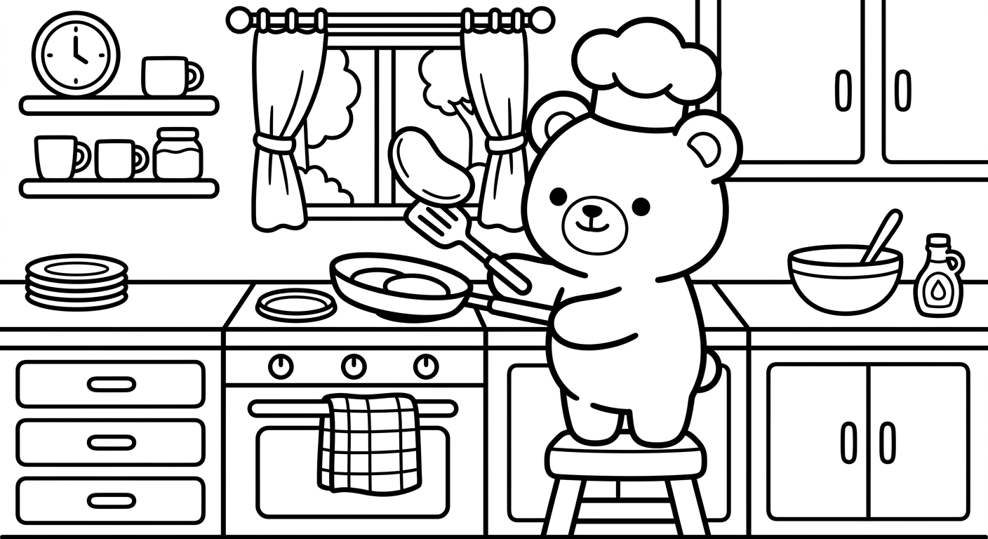 Desenho de ursinho preparando panquecas para colorir caminhando com espátula e corações fofos