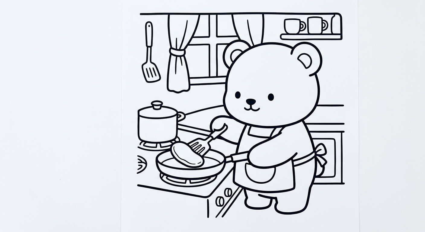Desenho de ursinho preparando panquecas para colorir deitado relaxando com poucos itens fofos