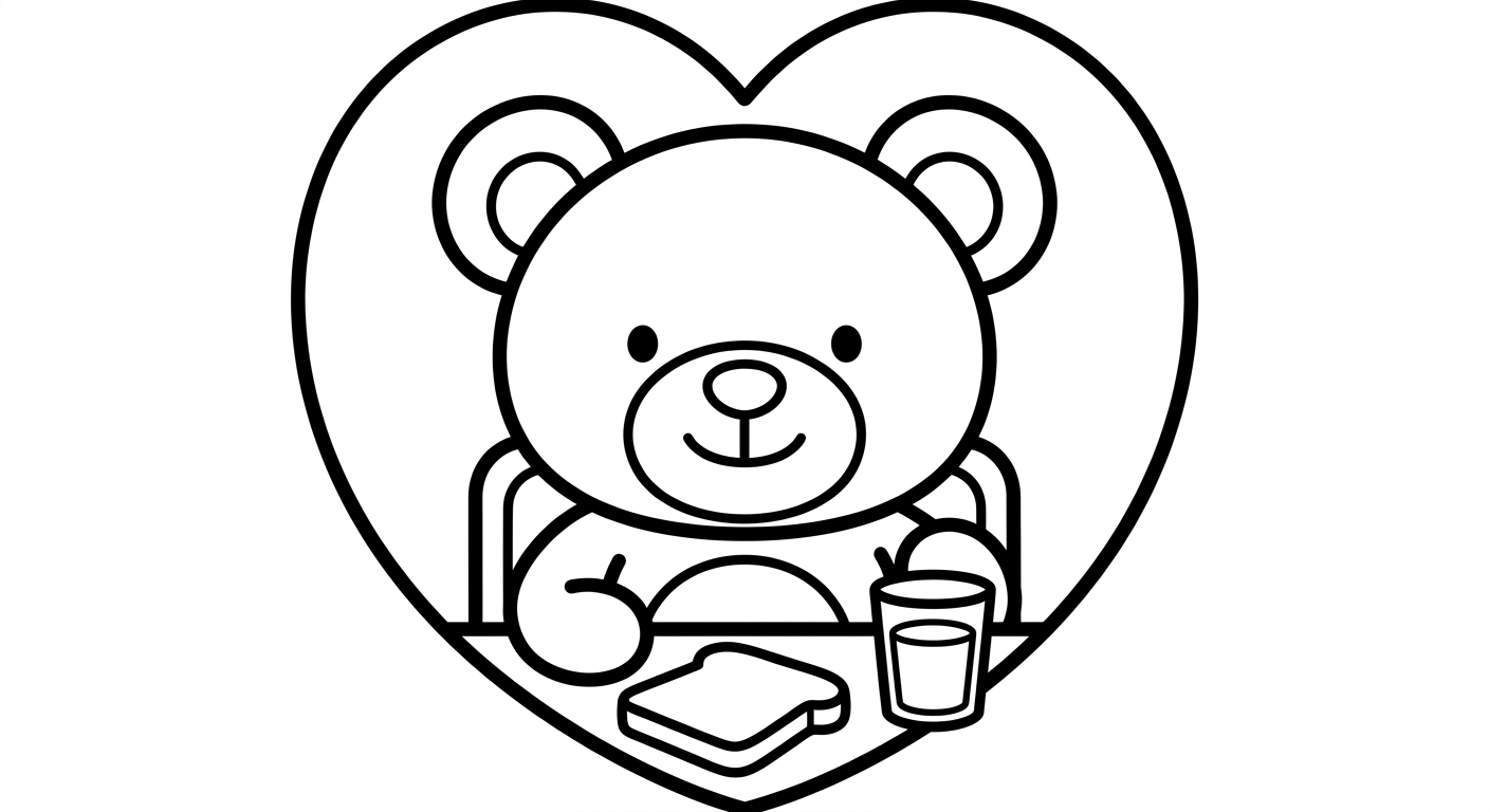 Desenho de ursinho tomando café da manhã para colorir em pé sorrindo com caneca fofa