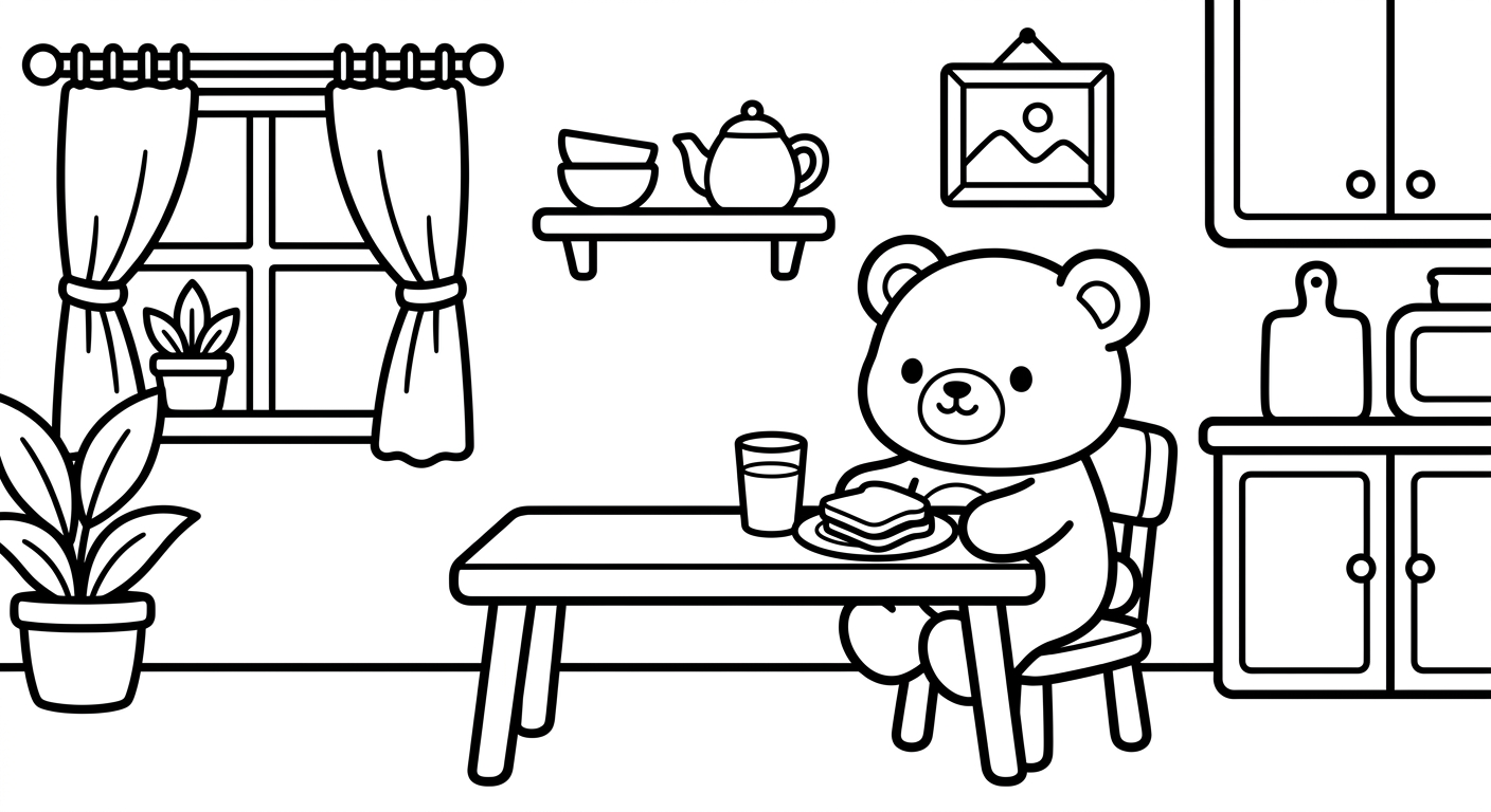 Desenho de ursinho tomando café da manhã para colorir sentado com xícara