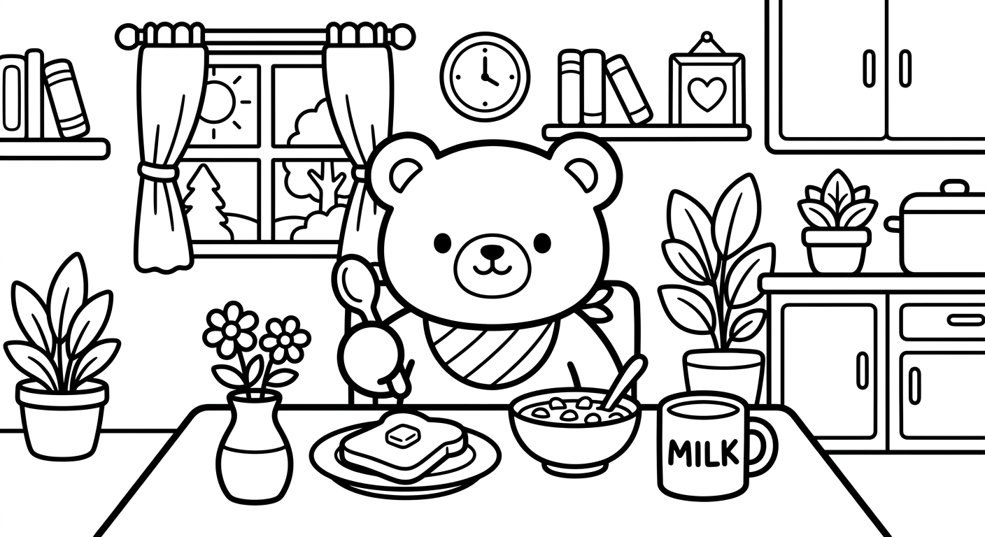 Desenho de ursinho tomando café da manhã para colorir, fofo e rindo feliz