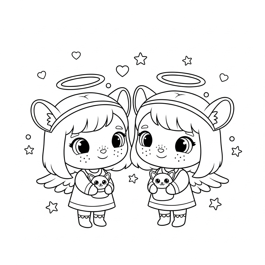 Menina kawaii como anjinha segurando bichinhos, com estrelas e corações, desenho para colorir e imprimir