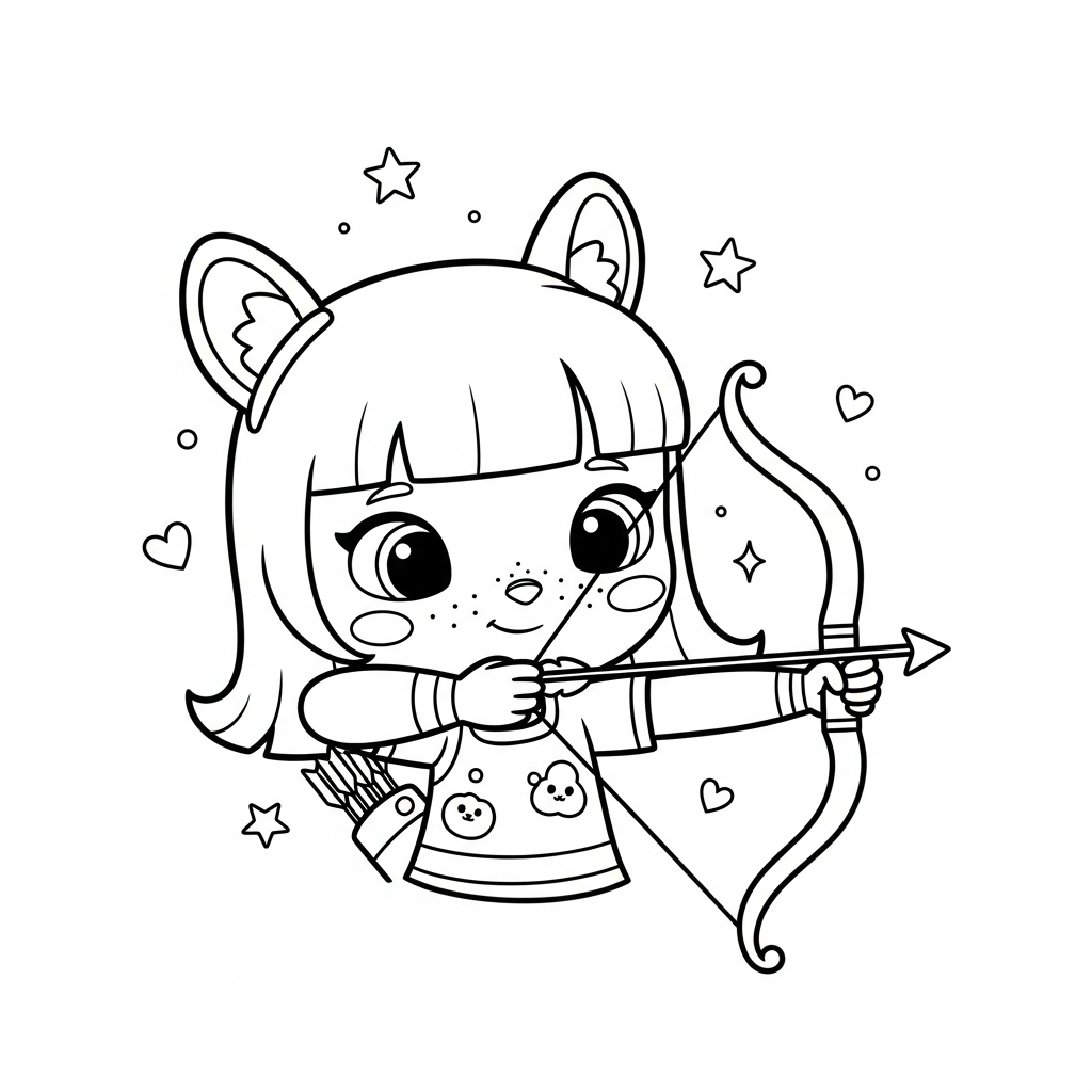 Menina kawaii puxando arco e flecha entre estrelas e corações, desenho para colorir e imprimir
