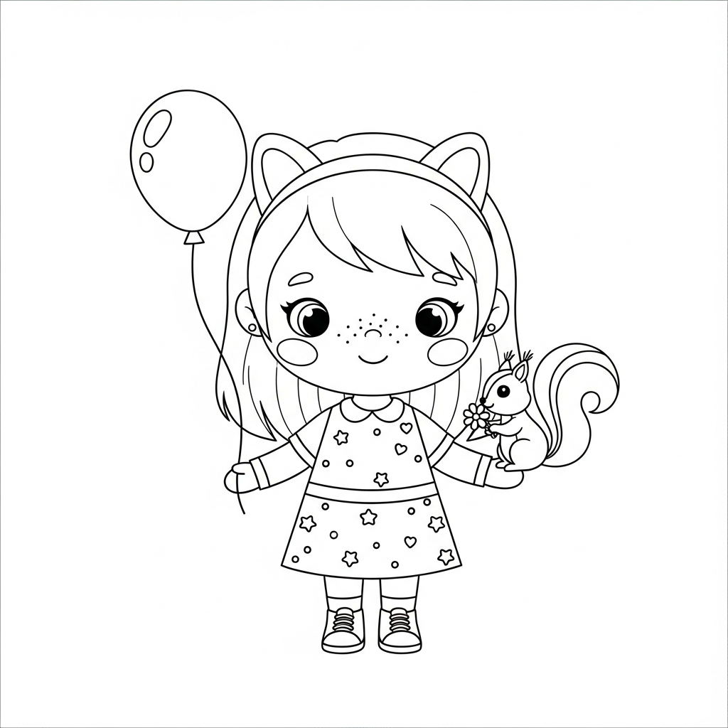 Menina kawaii segurando balão com esquilo ao fundo, desenho para colorir e imprimir