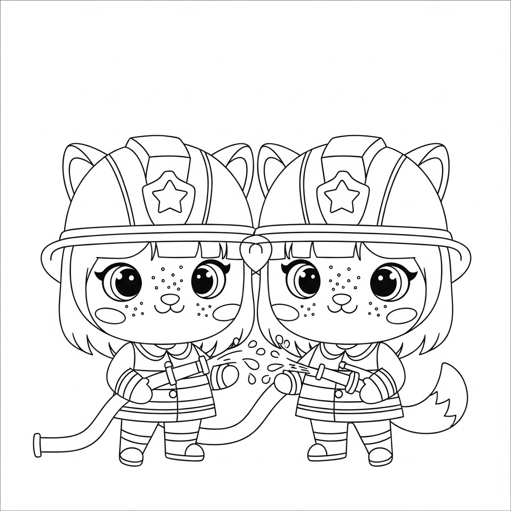 Menina kawaii com amiga bombeira esguichando água, desenho para colorir e imprimir