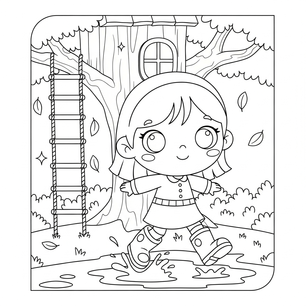 Menina kawaii brincando nas poças perto de uma casa na árvore, desenho para colorir e imprimir