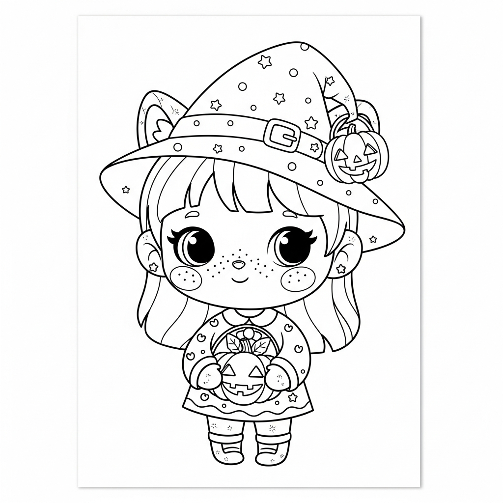Menina kawaii fantasiada de bruxinha segurando abóbora, desenho para colorir e imprimir