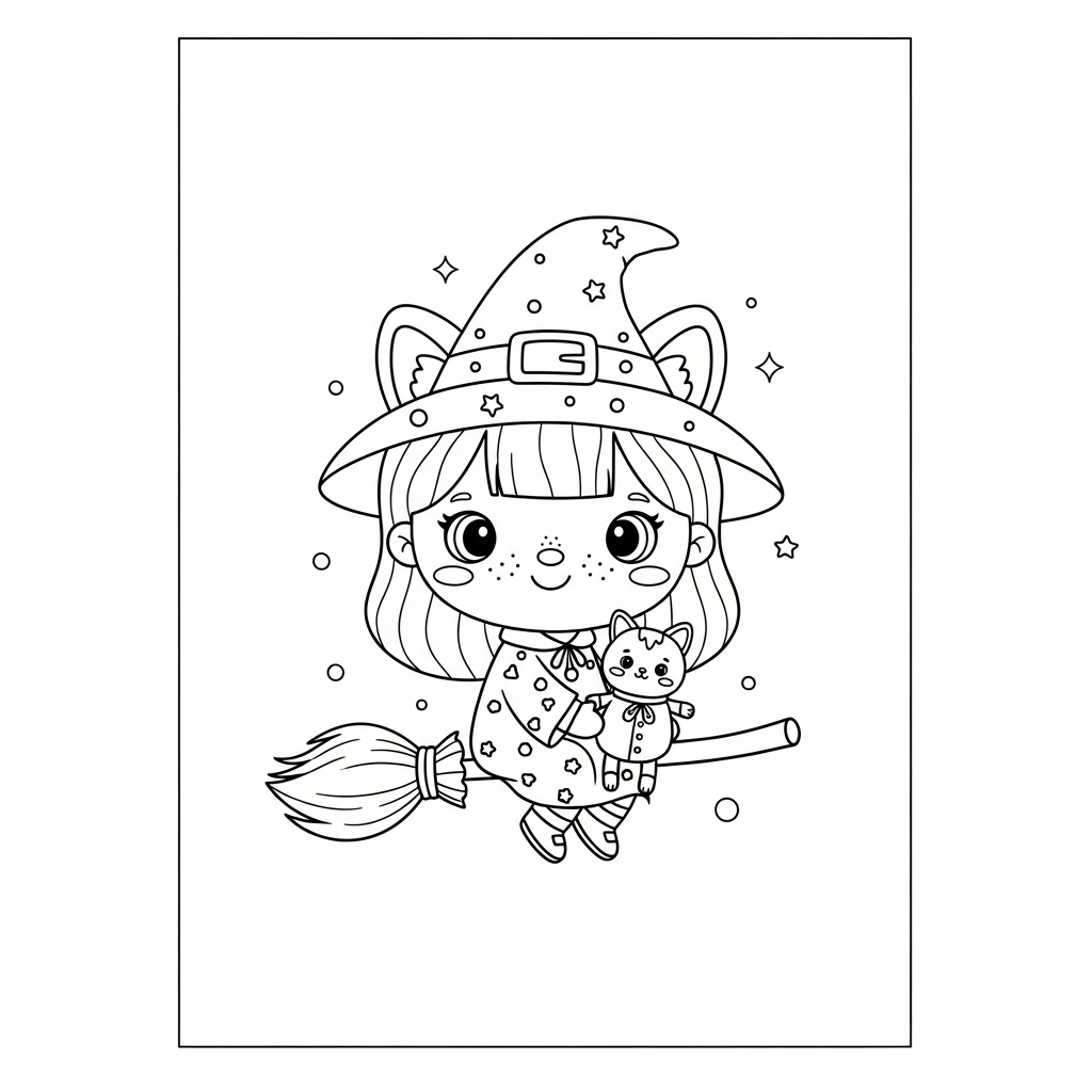 Menina kawaiai vestida de bruxinha voando com gatinho e estrelas, desenho para colorir e imprimir
