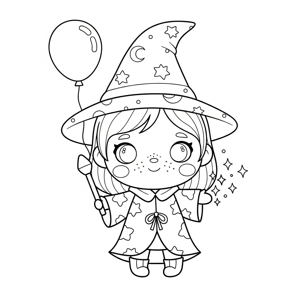 Menina kawaiai bruxinha segurando varinha e balão, desenho para colorir e imprimir