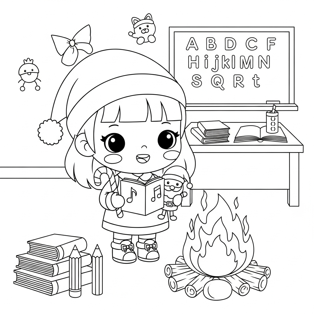 Menina kawaii cantando com livrinho na sala de aula, desenho para colorir e imprimir