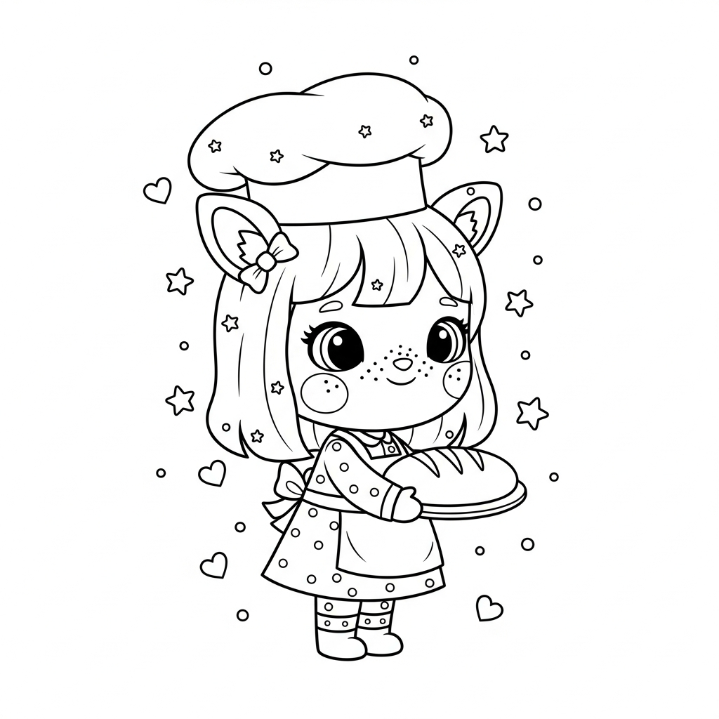 Menina kawaii chef segurando pão com estrelas e corações, desenho para colorir e imprimir