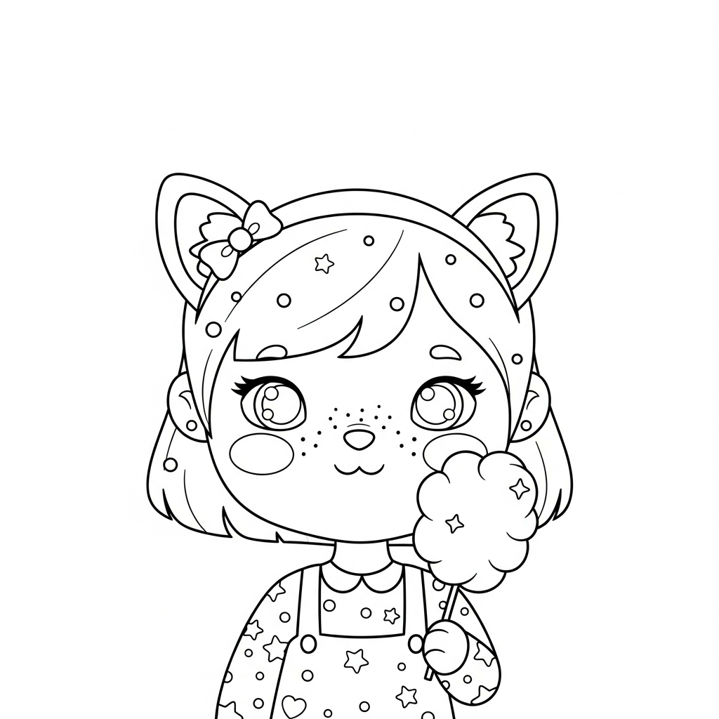 Menina kawaii segurando algodão-doce em fundo branco, desenho para colorir e imprimir