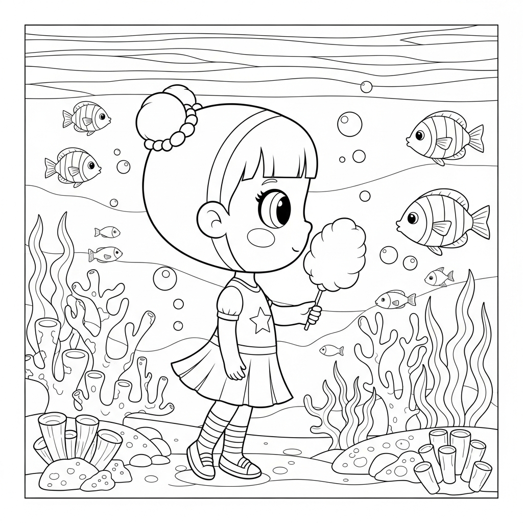 Menina kawaii segurando algodão-doce no fundo do mar, desenho para colorir e imprimir