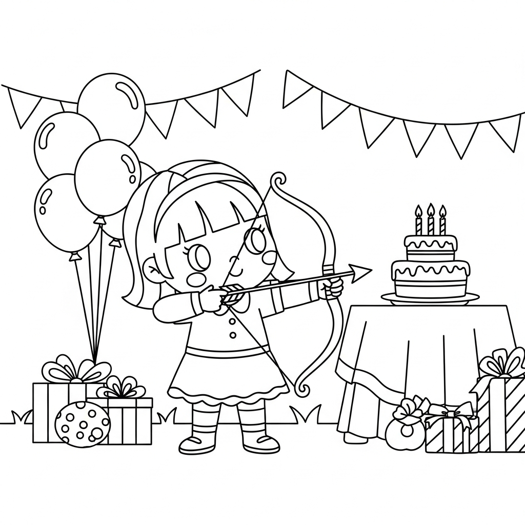 Menina kawaii com arco mirando flecha em festa de aniversário, desenho para colorir e imprimir