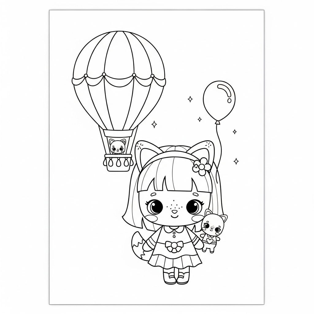 Menina kawaii de gatinha com pelúcia e balão, desenho para colorir e imprimir