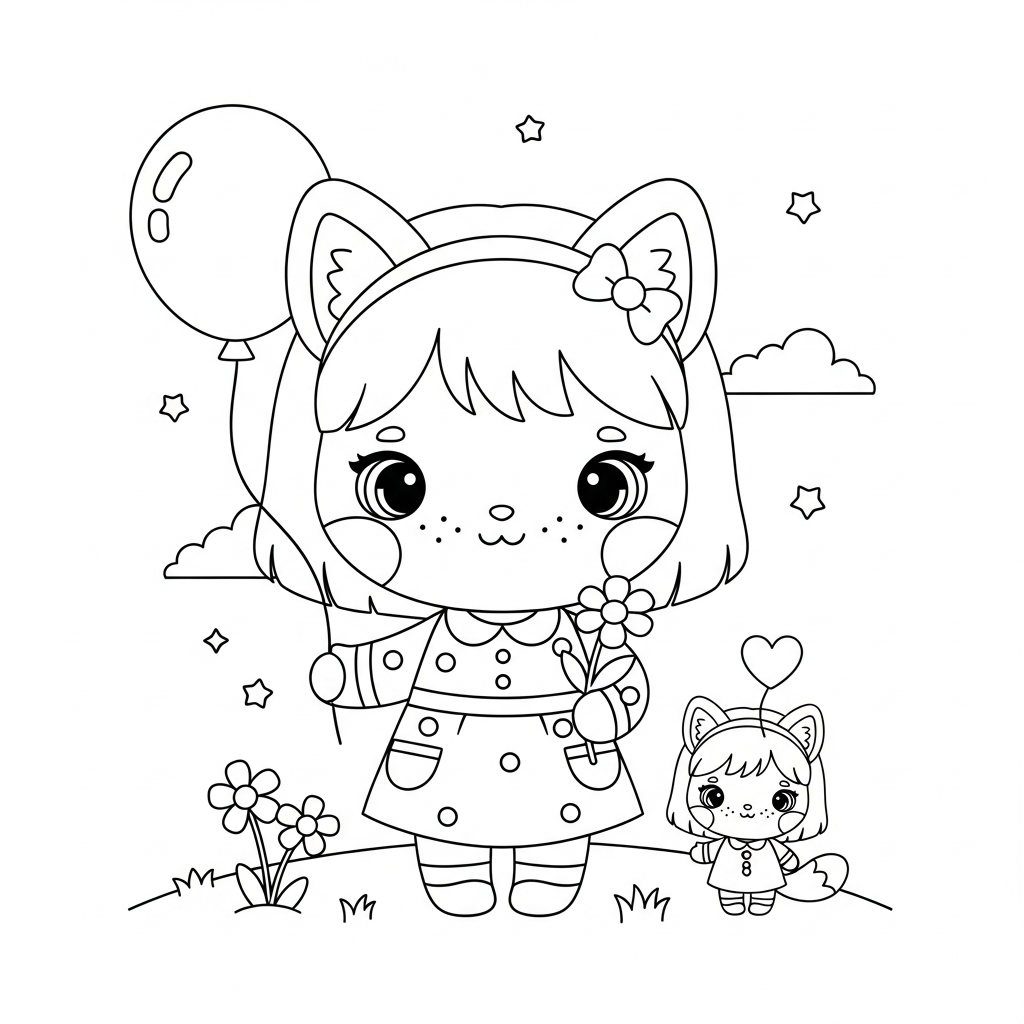 Menina kawaii segurando balão e flor no jardim, desenho para colorir e imprimir