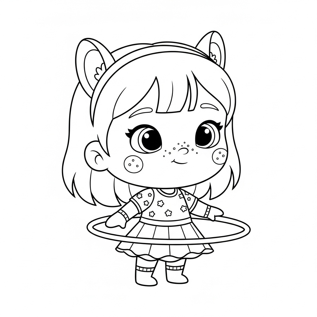 Menina kawaii brincando com bambolê em fundo simples, desenho para colorir e imprimir