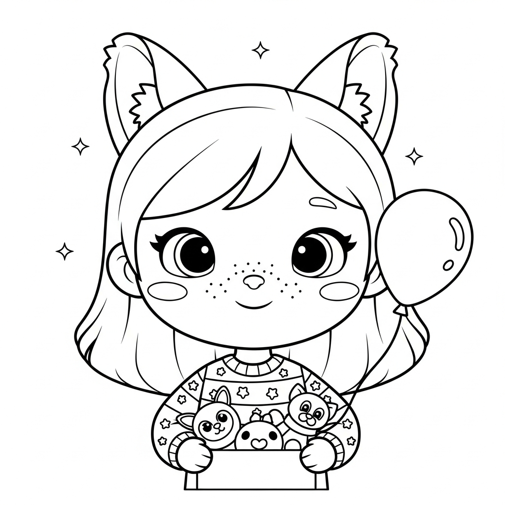 Menina kawaii segurando caixa de brinquedos e balão com estrelas, desenho para colorir e imprimir