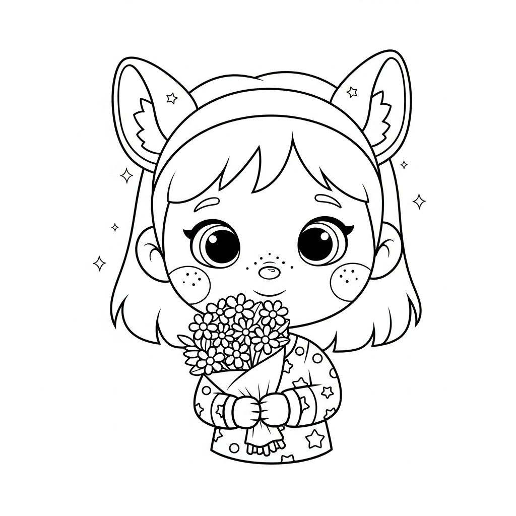 Menina kawaii segurando buquê de flores com brilhos, desenho para colorir e imprimir