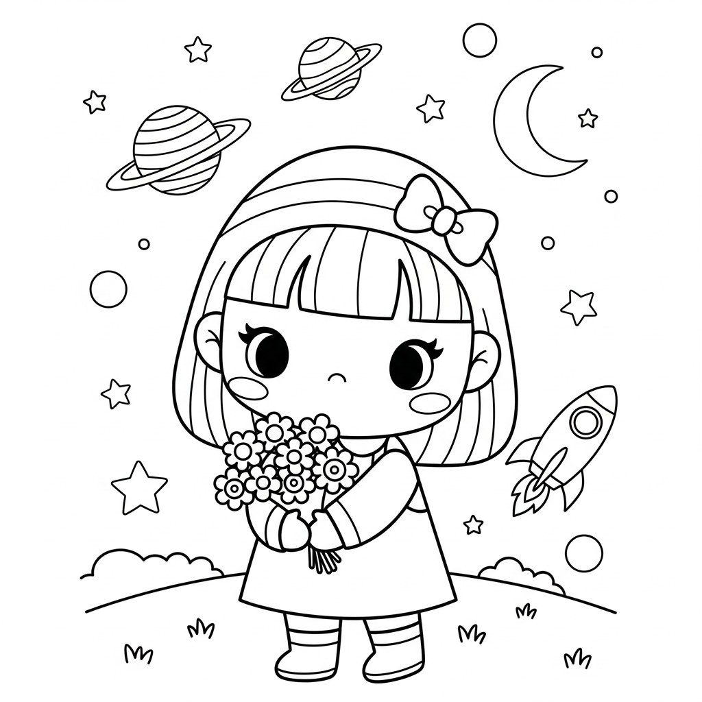 Menina kawaii segurando buquê no espaço com planetas, desenho para colorir e imprimir