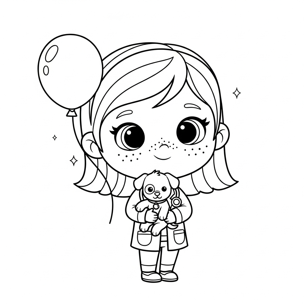 Menina kawaii segurando cachorrinho com estetoscópio em fundo simples, desenho para colorir e imprimir