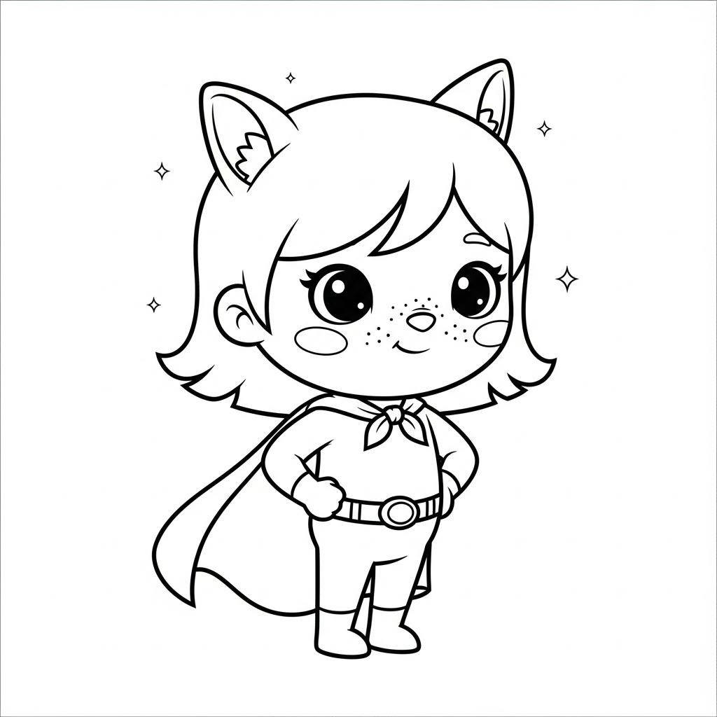 Menina kawaii posando com capa em fundo simples, desenho para colorir e imprimir