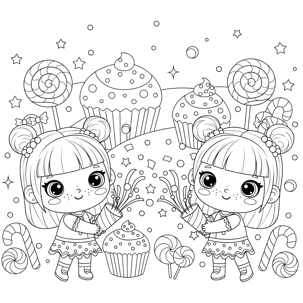 Menina kawaii com amiga segurando estrelinhas em cenário de doces, desenho para colorir e imprimir