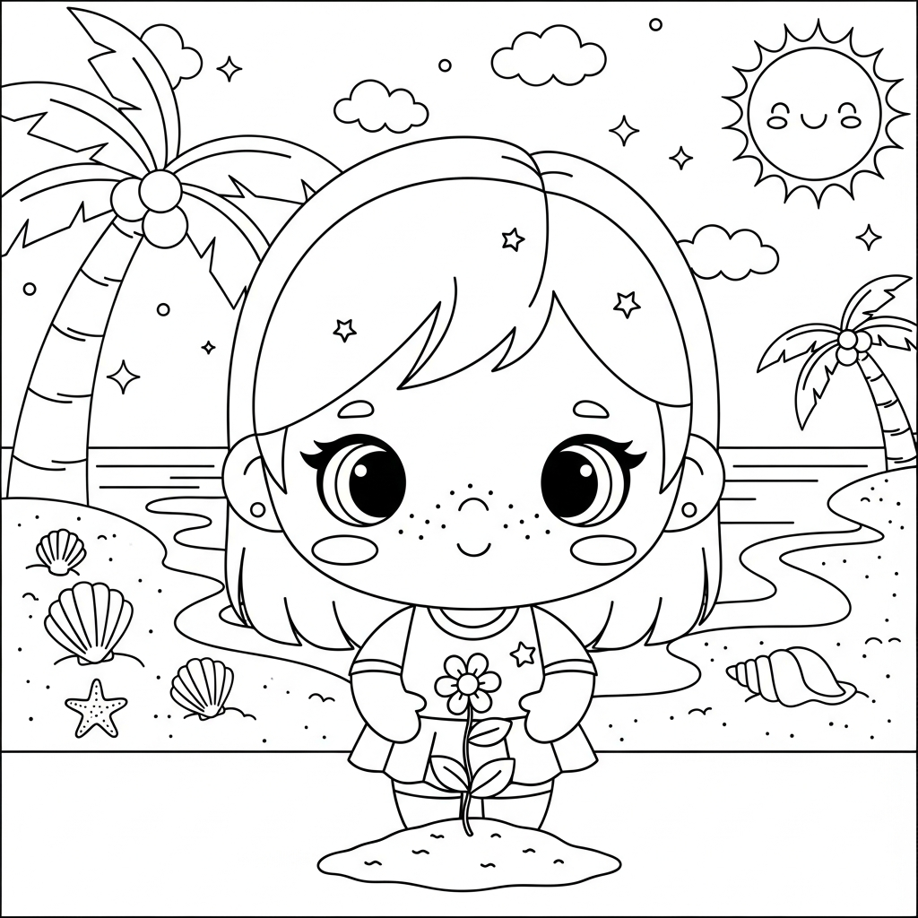 Menina kawaii segurando flor na praia, desenho para colorir e imprimir
