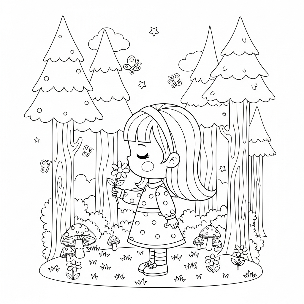 Menina kawaii segurando uma flor na floresta, desenho para colorir e imprimir