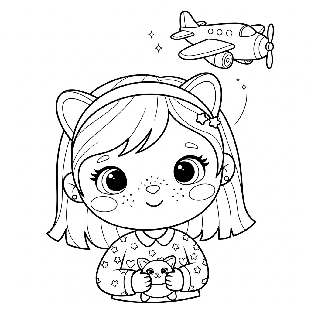 Menina kawaii segurando gatinho com avião acima, desenho para colorir e imprimir
