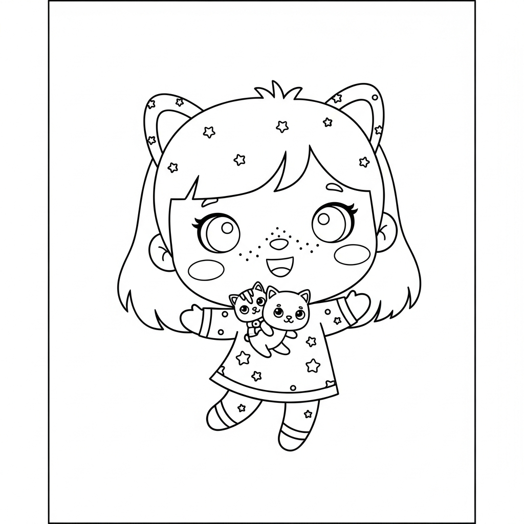 Menina kawaiii segurando dois gatinhos em fundo simples, desenho para colorir e imprimir