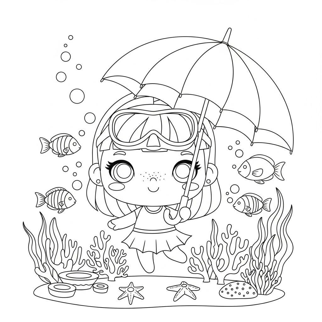 Menina kawaii mergulhando com guarda-chuva no fundo do mar, desenho para colorir e imprimir