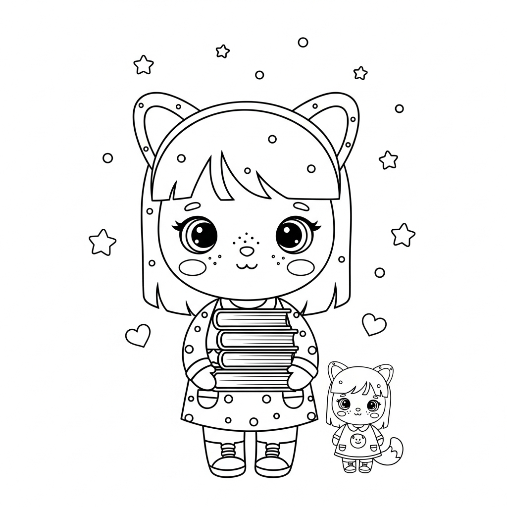 Menina kawaii segurando livros entre estrelas e corações, desenho para colorir e imprimir