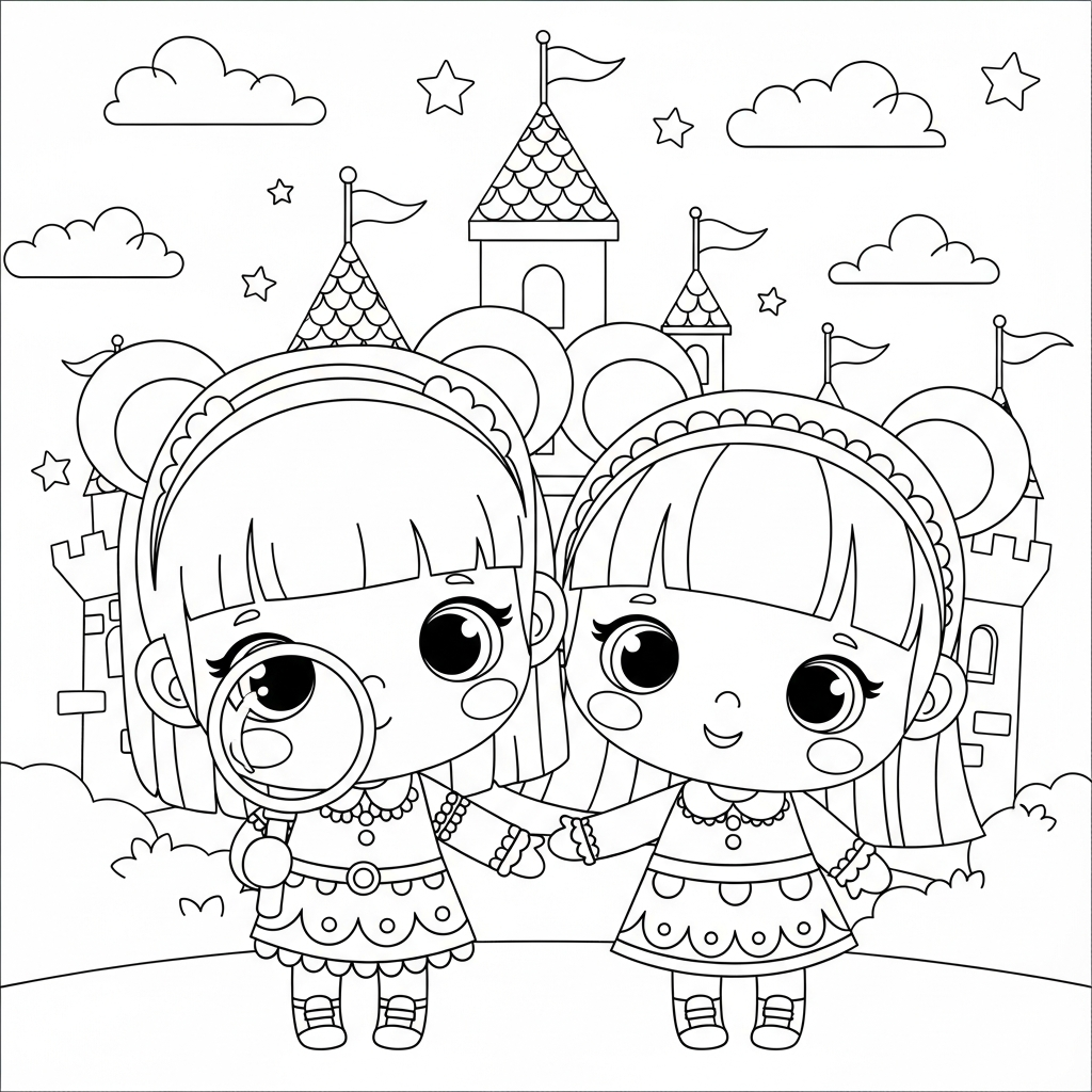 Menina kawaii com amiga segurando lupa diante de castelo, desenho para colorir e imprimir