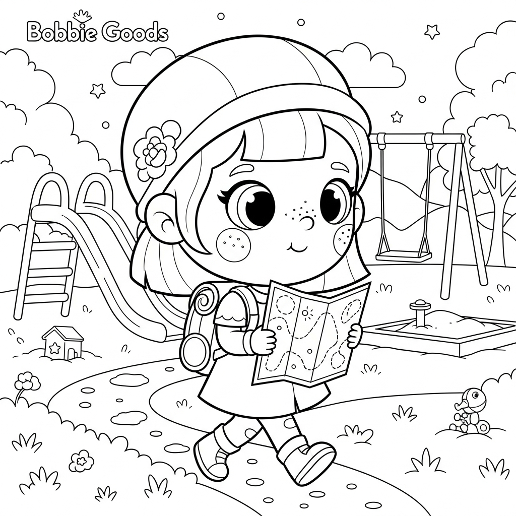 Menina kawaii caminhando com mapa no parquinho, desenho para colorir e imprimir
