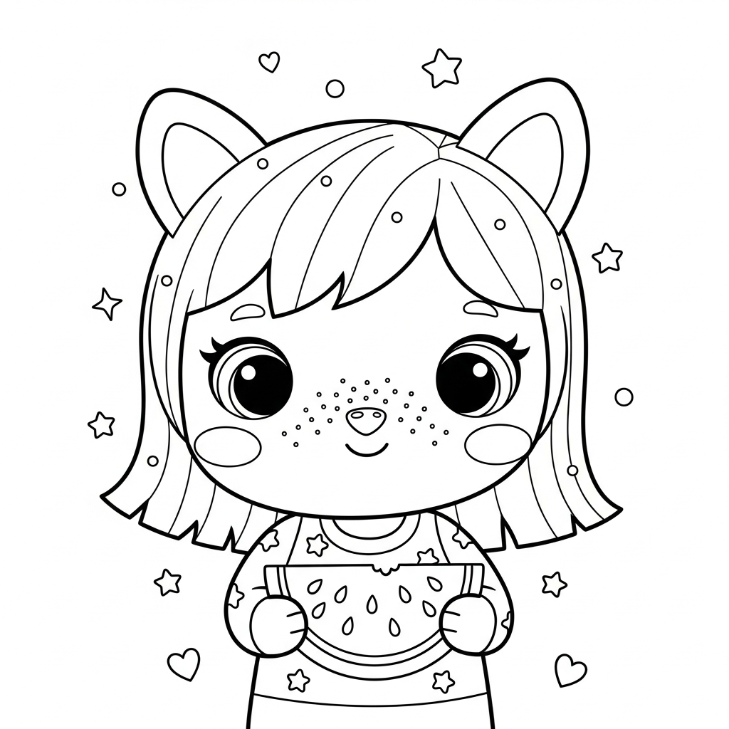 Menina kawaii segurando melancia entre estrelas e corações, desenho para colorir e imprimir