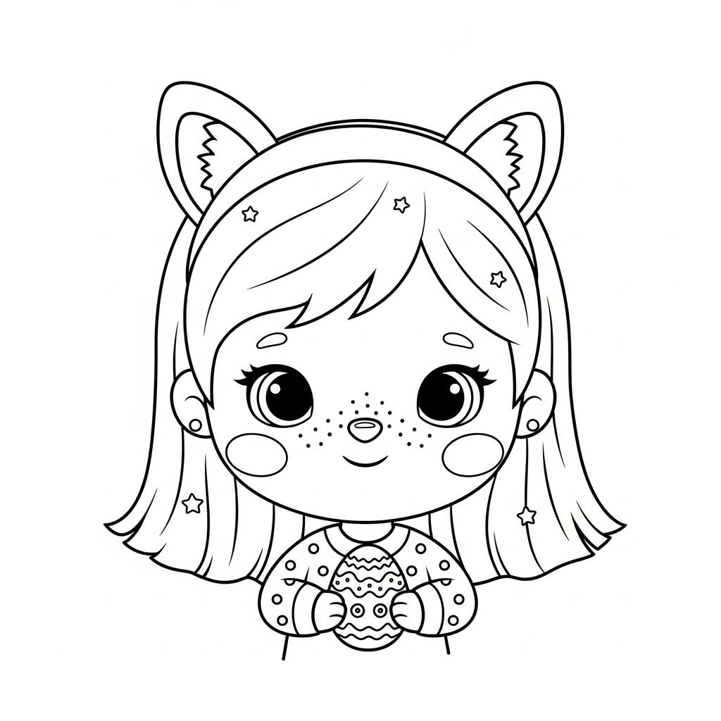 Menina kawaii segurando ovo decorado em fundo simples, desenho para colorir e imprimir
