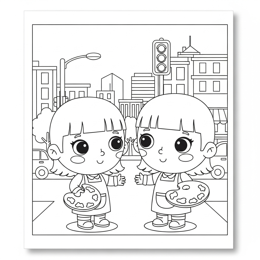 Menina kawaii segurando paleta de tintas em rua da cidade, desenho para colorir e imprimir