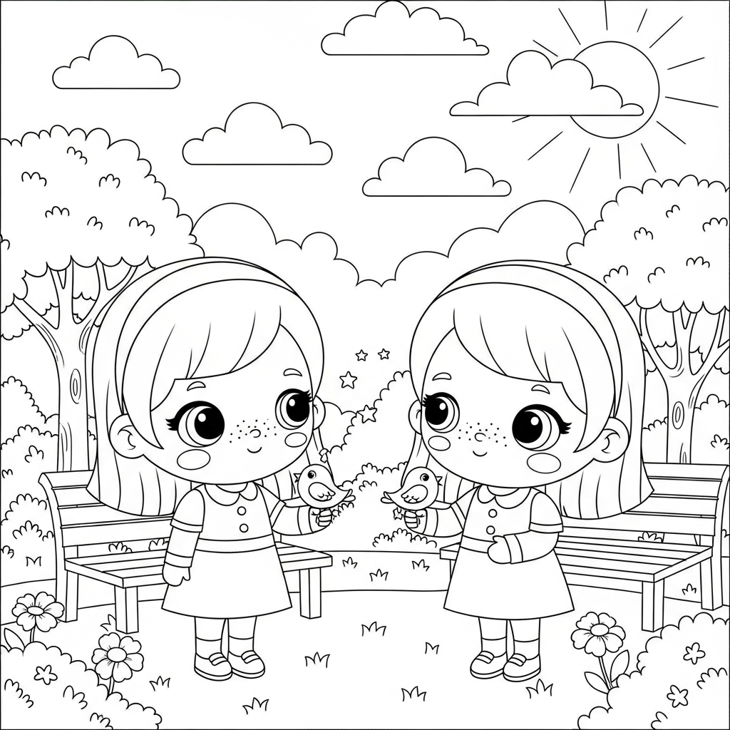 Menina kawaii segurando passarinhos no jardim, desenho para colorir e imprimir
