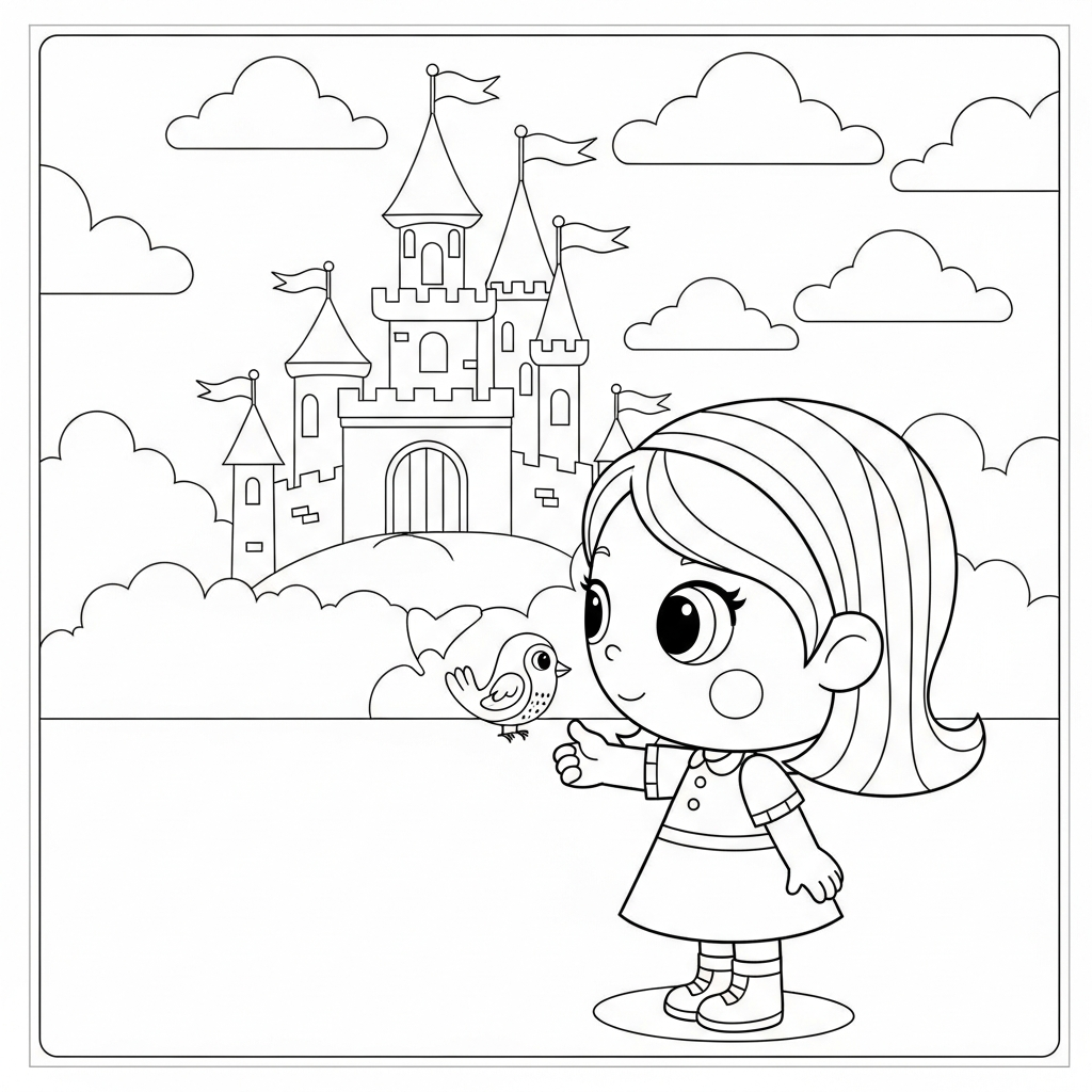 Menina kawaii com passarinho no dedo perto de um castelo, desenho para colorir e imprimir