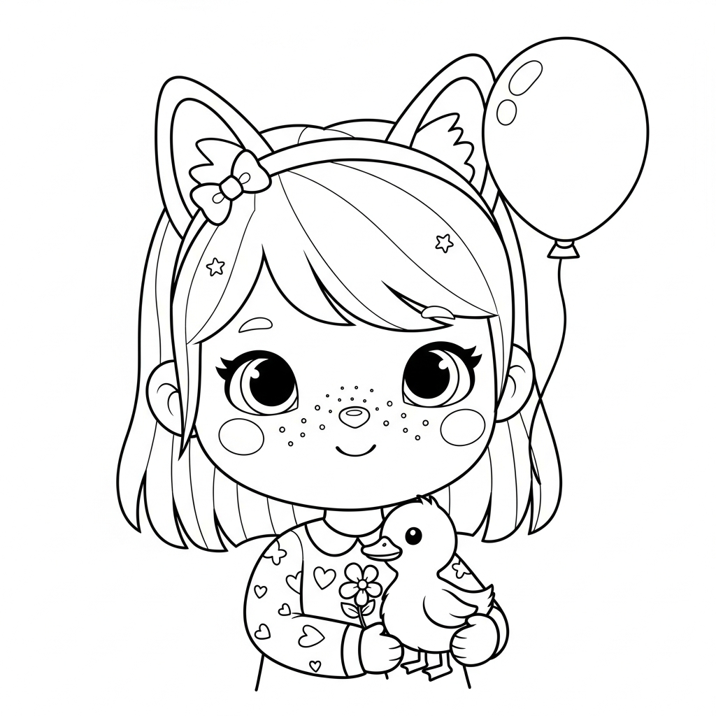 Menina kawaii com patinho, flor e balão em fundo branco, desenho para colorir e imprimir