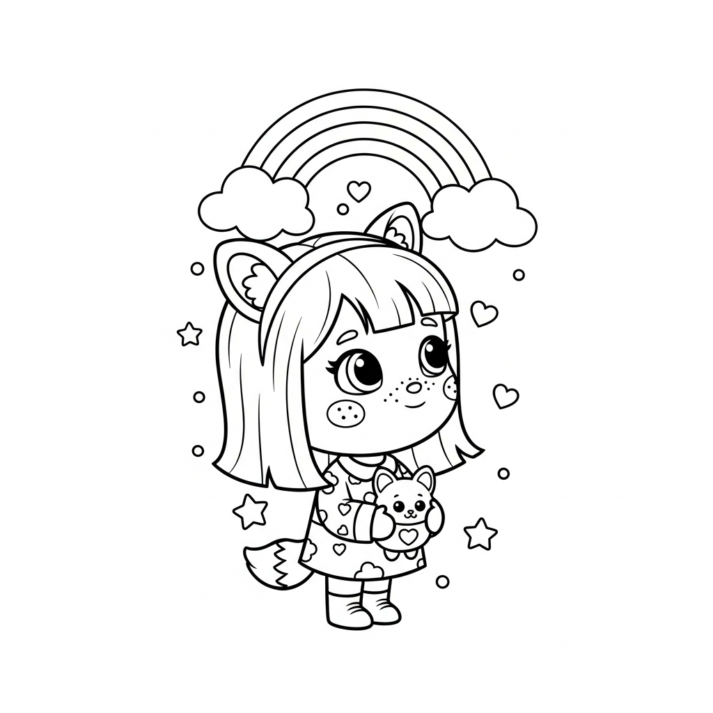 Menina kawaii segurando pelúcia entre arco-íris e nuvens, desenho para colorir e imprimir