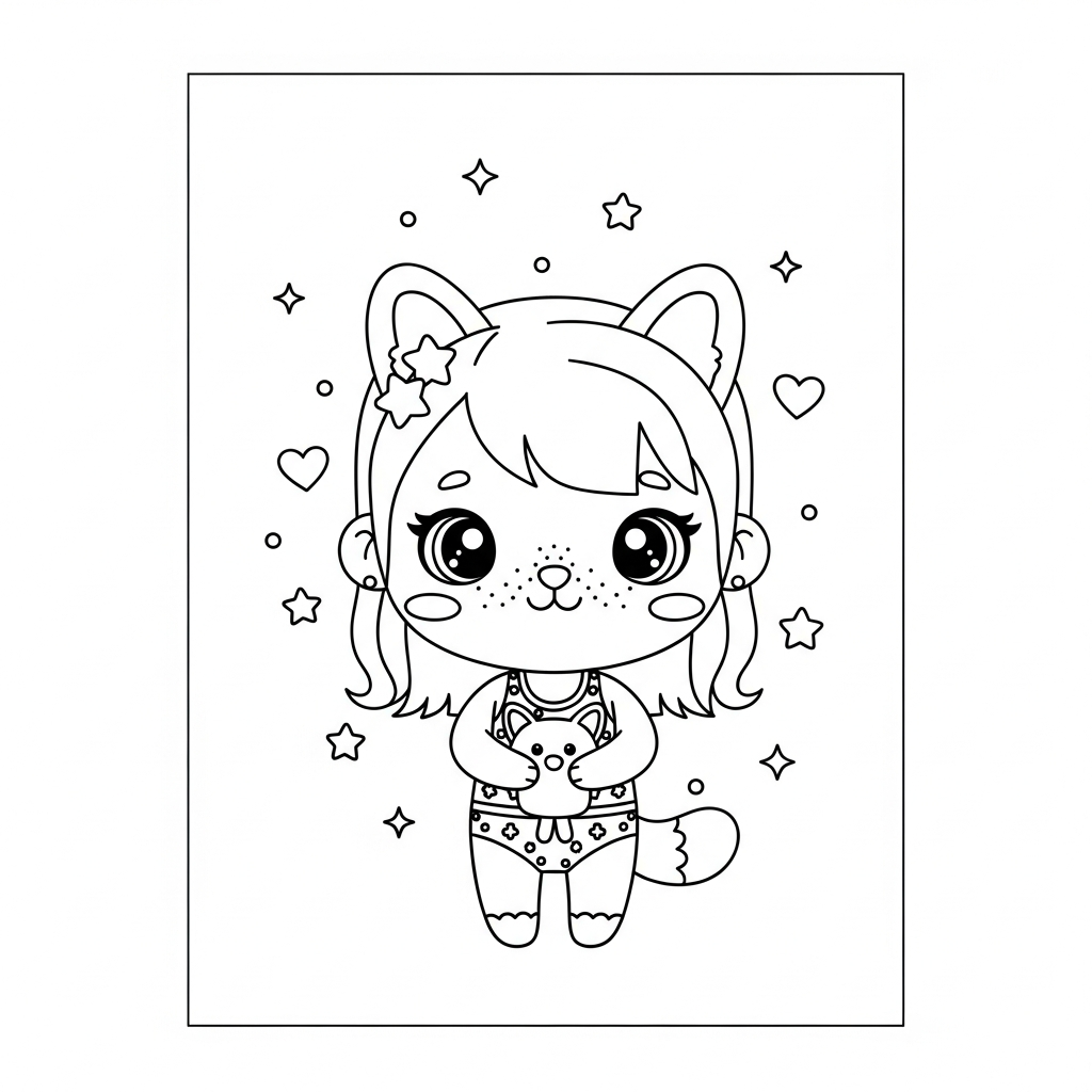 Menina kawaii segurando pelúcia entre estrelas e corações, desenho para colorir e imprimir