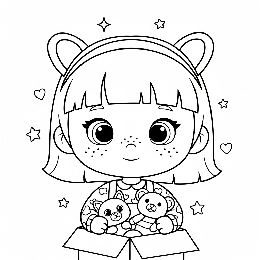 Menina kawaii abraçando pelúcias em caixa com estrelas e corações, desenho para colorir e imprimir