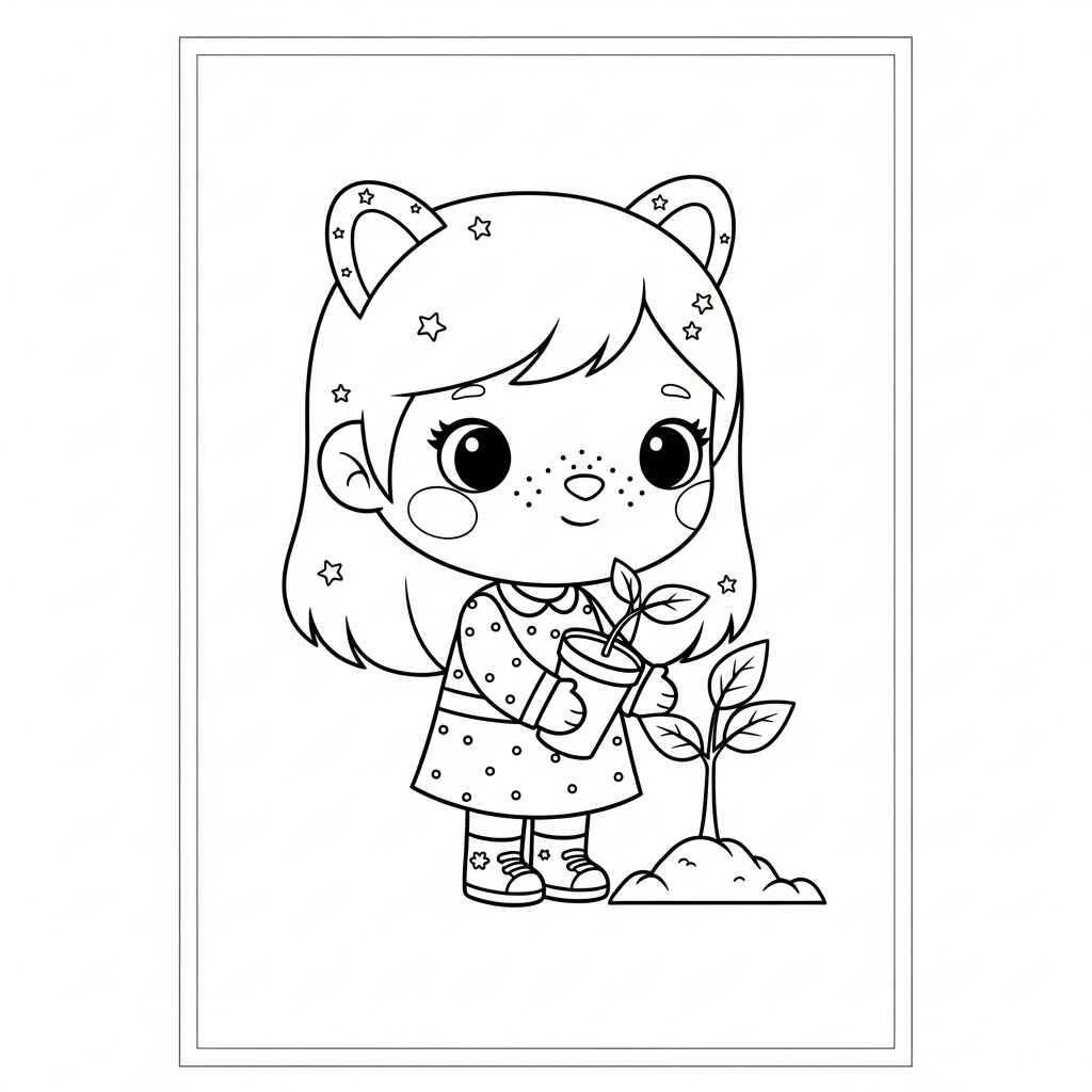 Menina kawaii segurando um vasinho no jardim, desenho para colorir e imprimir