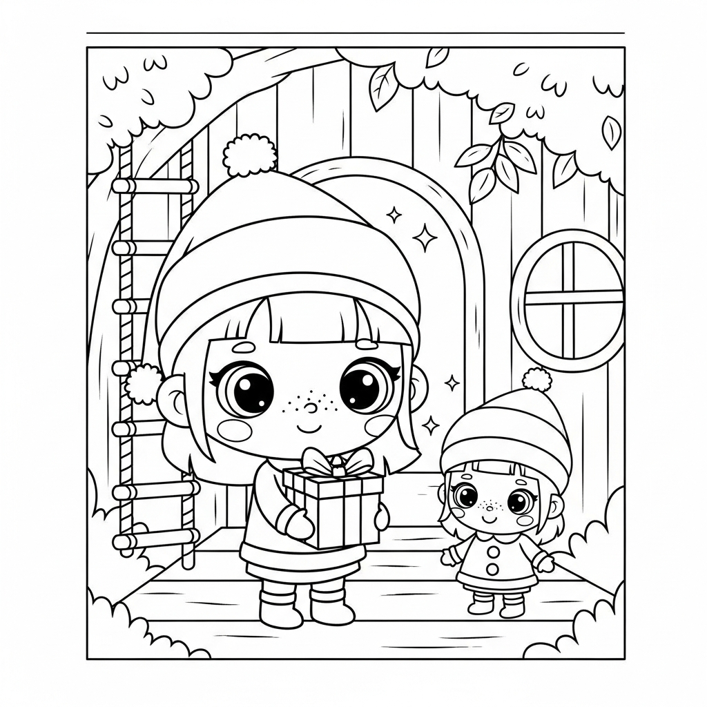 Menina kawaii segurando presente em uma casa na árvore, desenho para colorir e imprimir