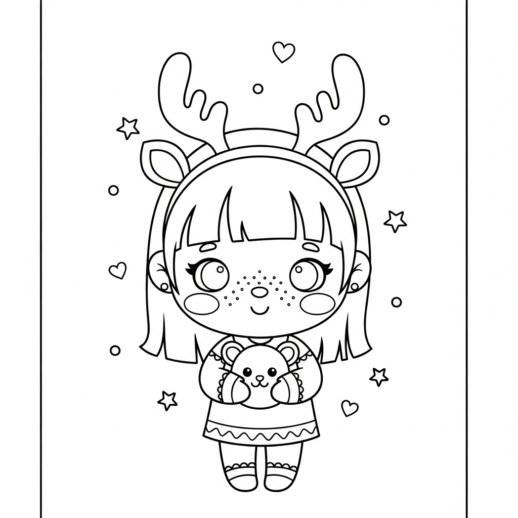 Menina kawaii segurando ursinho com estrelas e corações ao fundo, desenho para colorir e imprimir