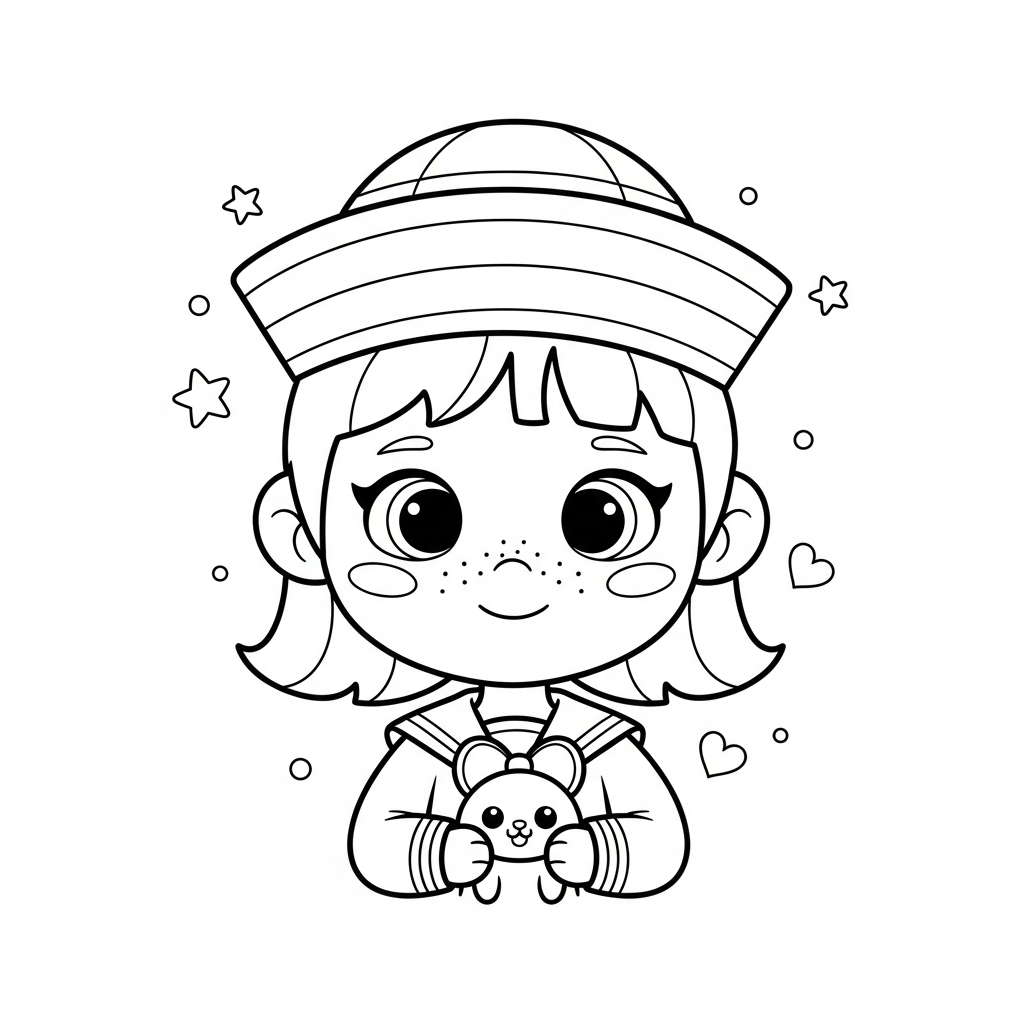 Menina kawaii segurando ursinho em fundo simples, desenho para colorir e imprimir