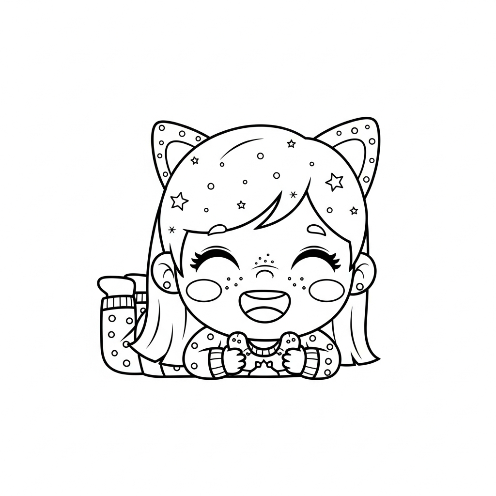 Menina kawaii deitada segurando um objeto em fundo branco, desenho para colorir e imprimir