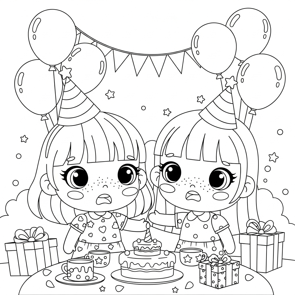 Menina kawaii com amiga em festa de aniversário, desenho para colorir e imprimir